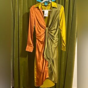 Olive green and burnt orange satin dress